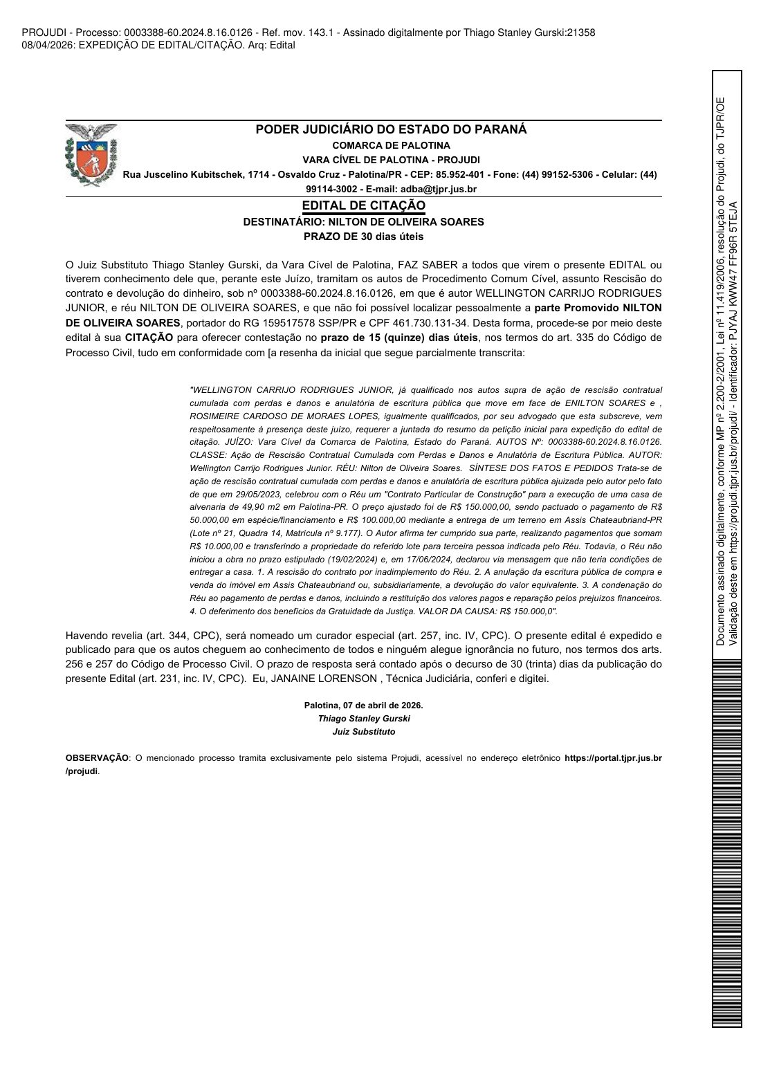 Paraná court published judicial citation PDF in Portuguese