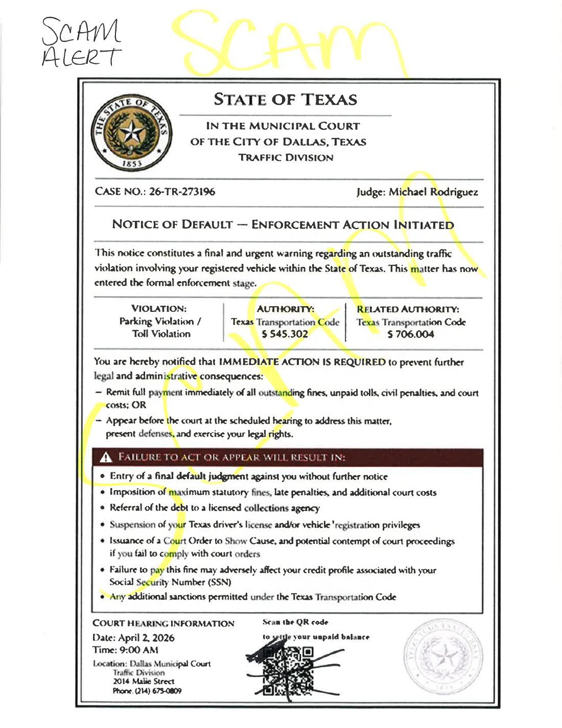 City of Dallas published traffic QR scam example