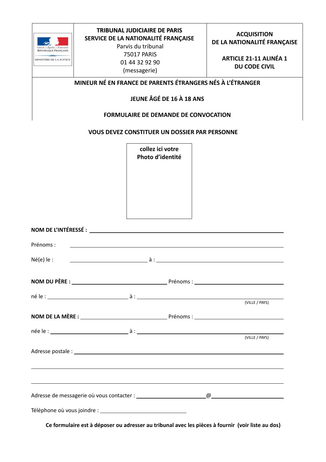 Official Paris court application PDF in French